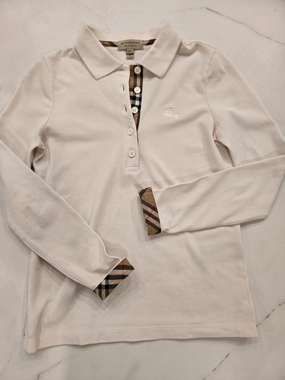 Burberry Long-Sleeve Polo Shirt in Cream with Vintage Check Trim